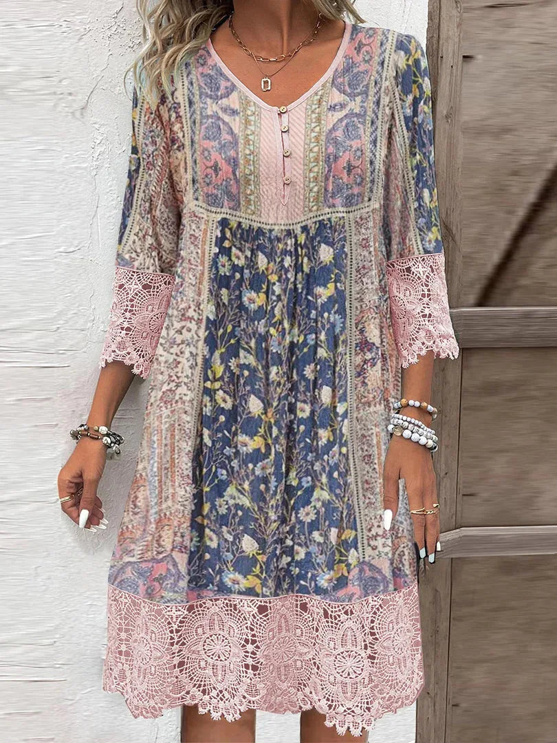 Damen Sommer V-Ausschnitt Midikleid mit Spitze und Blumendesign