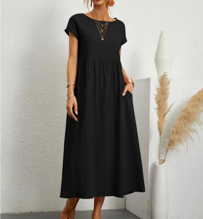 Leinen Kurzarm Midikleid mit Taschen für Damen