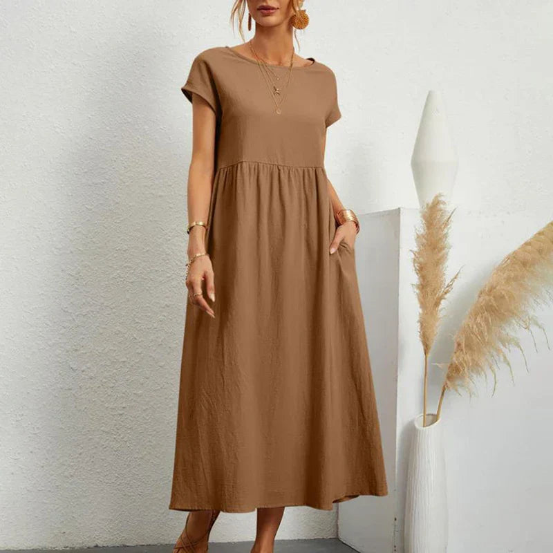Leinen Kurzarm Midikleid mit Taschen für Damen