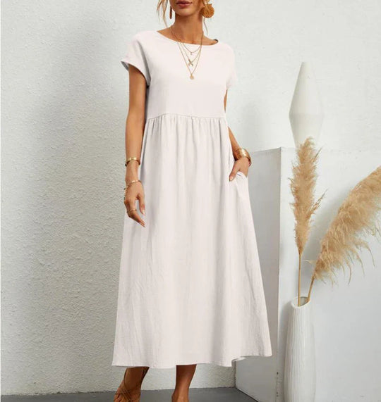 Leinen Kurzarm Midikleid mit Taschen für Damen