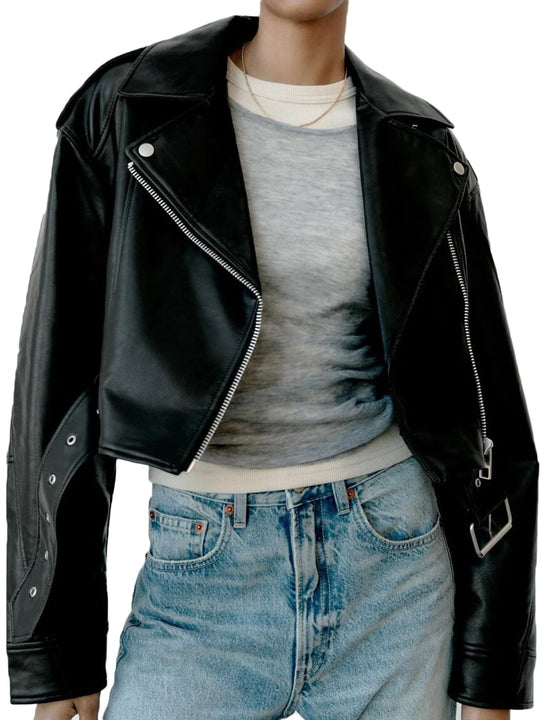 Bikerjacke Damen Kurz | Kurz geschnitten mit Reißverschluss und Gürtel