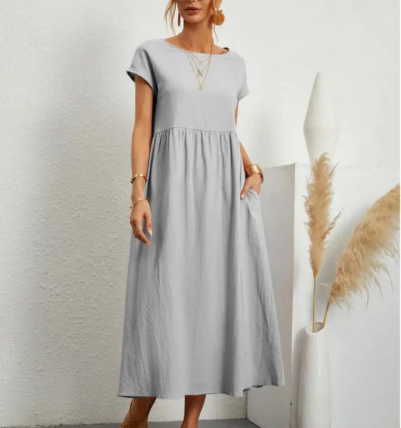 Leinen Kurzarm Midikleid mit Taschen für Damen