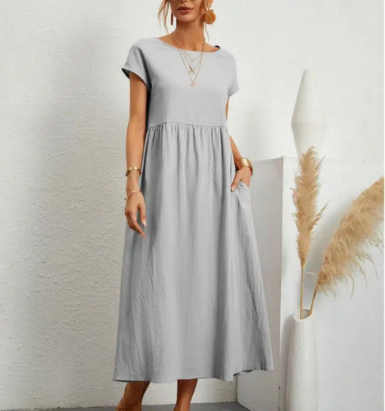 Leinen Kurzarm Midikleid mit Taschen für Damen