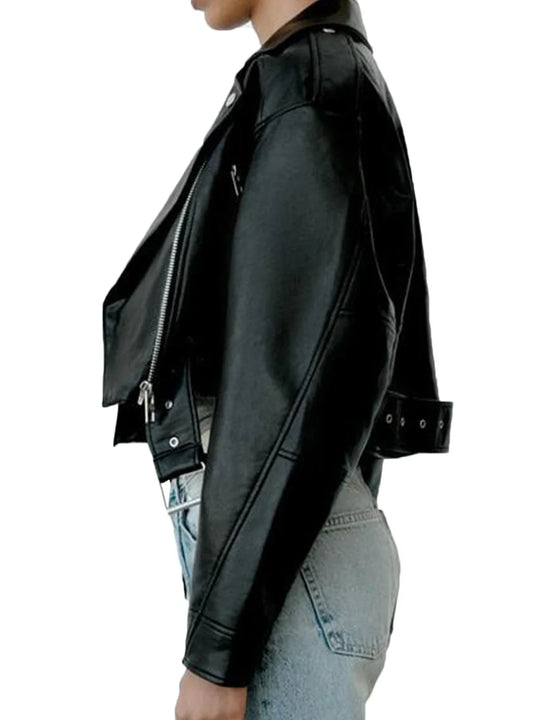 Bikerjacke Damen Kurz | Kurz geschnitten mit Reißverschluss und Gürtel