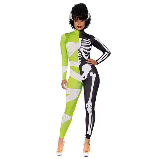 Damen Jumpsuit mit Skelett- und Mumienmotiv | Einteiler mit Langarm