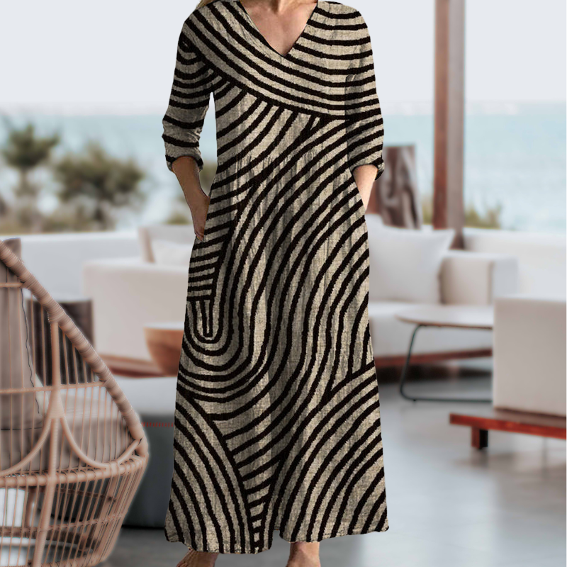 Damen Sommer-Halber Ärmel Maxikleid mit Streifen und V-Ausschnitt