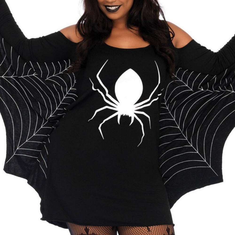 Damen Halloween-Kleid mit Spinnenmotiv Schulterfrei | Mini