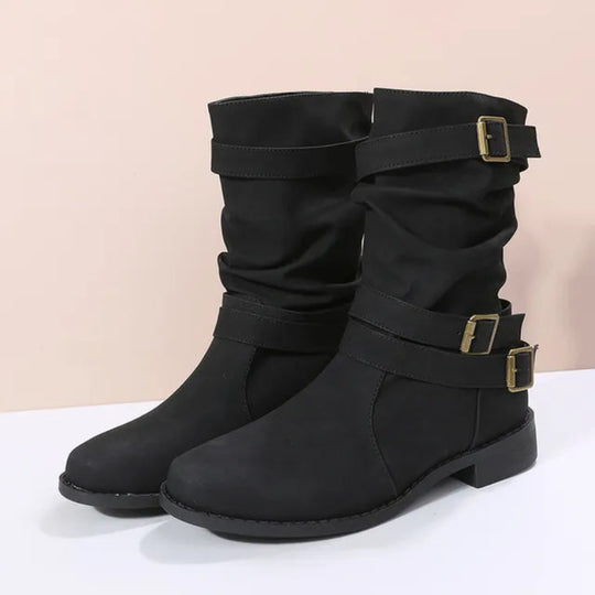 Damen Dirndl Schuhe | Slouch Stiefel mit drei Schnallenriemen