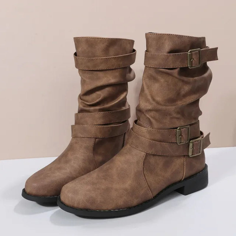 Damen Dirndl Schuhe | Slouch Stiefel mit drei Schnallenriemen