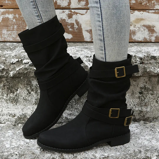 Damen Dirndl Schuhe | Slouch Stiefel mit drei Schnallenriemen
