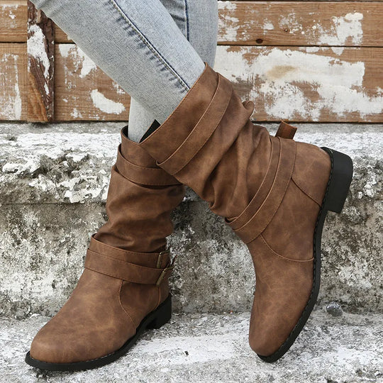Damen Dirndl Schuhe | Slouch Stiefel mit drei Schnallenriemen
