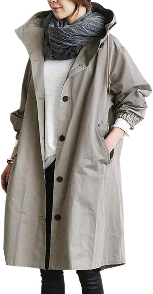 Trenchcoat Damen Lang Übergangsjacke | Kapuze Leicht Modern