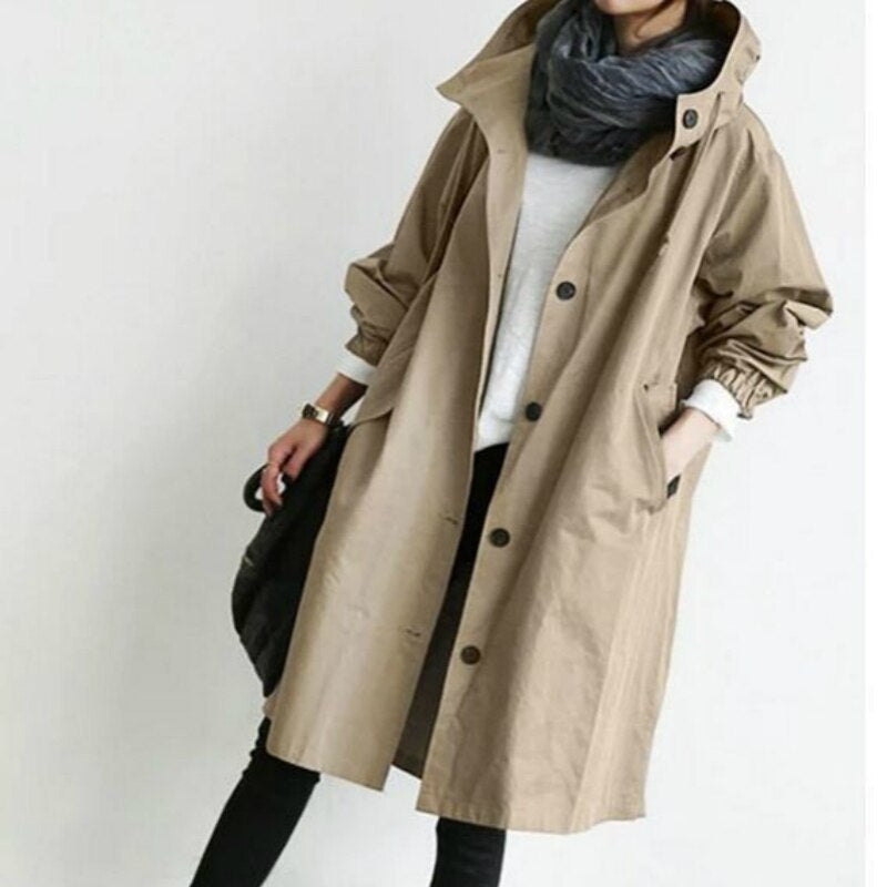 Trenchcoat Damen Lang Übergangsjacke | Kapuze Leicht Modern