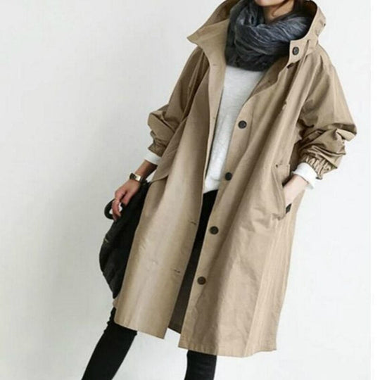 Trenchcoat Damen Lang Übergangsjacke | Kapuze Leicht Modern