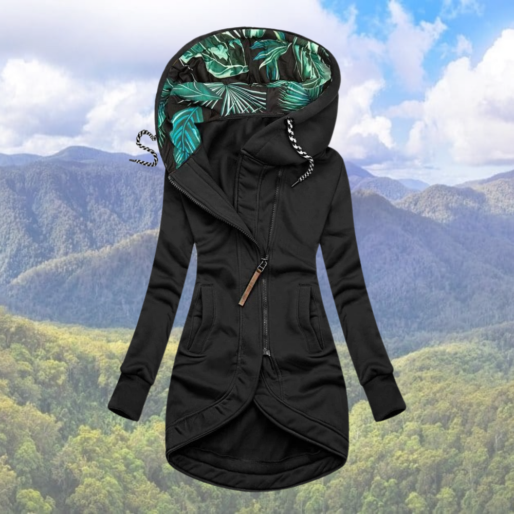 Damen Winterjacke Mit Kapuze | Lang Geschnitten Mit Asymmetrischem Reißverschluss