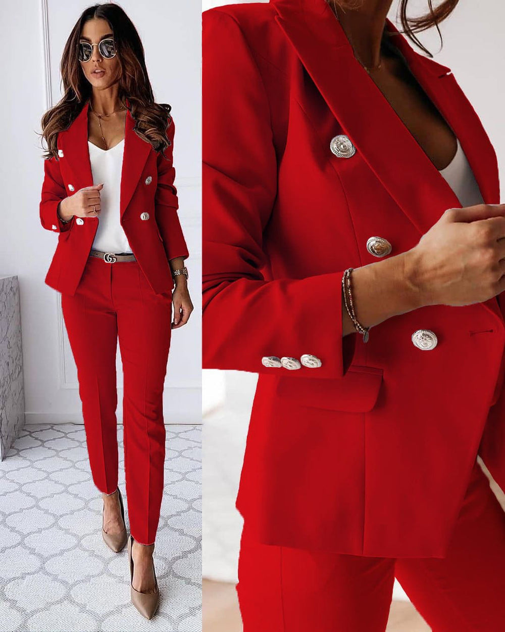 Elegantes Blazer und Hosen Set mit Knöpfen für Frauen