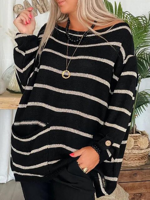Grobstrickpullover Damen Gestreift | Lockerer Schnitt mit U-Boot-Ausschnitt