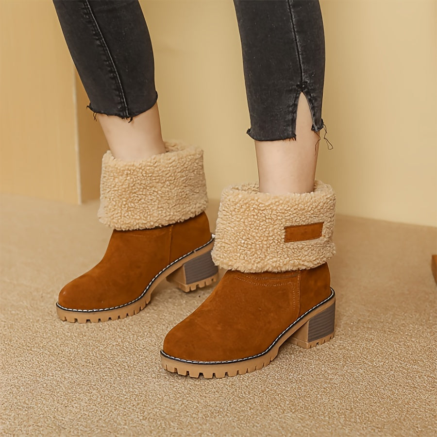 Winterschuhe Damen Stiefel | Knöchelhoch Slip-On mit Blockabsatz