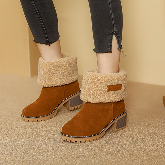 Winterschuhe Damen Stiefel | Knöchelhoch Slip-On mit Blockabsatz