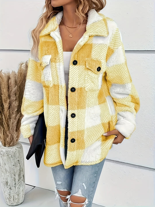 Karierte Fleecejacke für Damen | Knopfleiste vorne mit Taschen