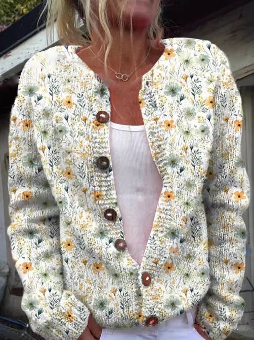 Damen Strickjacke Florales Design | Knopfverschluss Rundhals