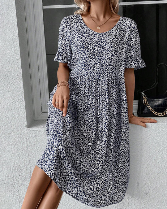 Damen Sommer Kurzen Ärmeln Midikleid mit Blumenmuster und Rundhalsausschnitt