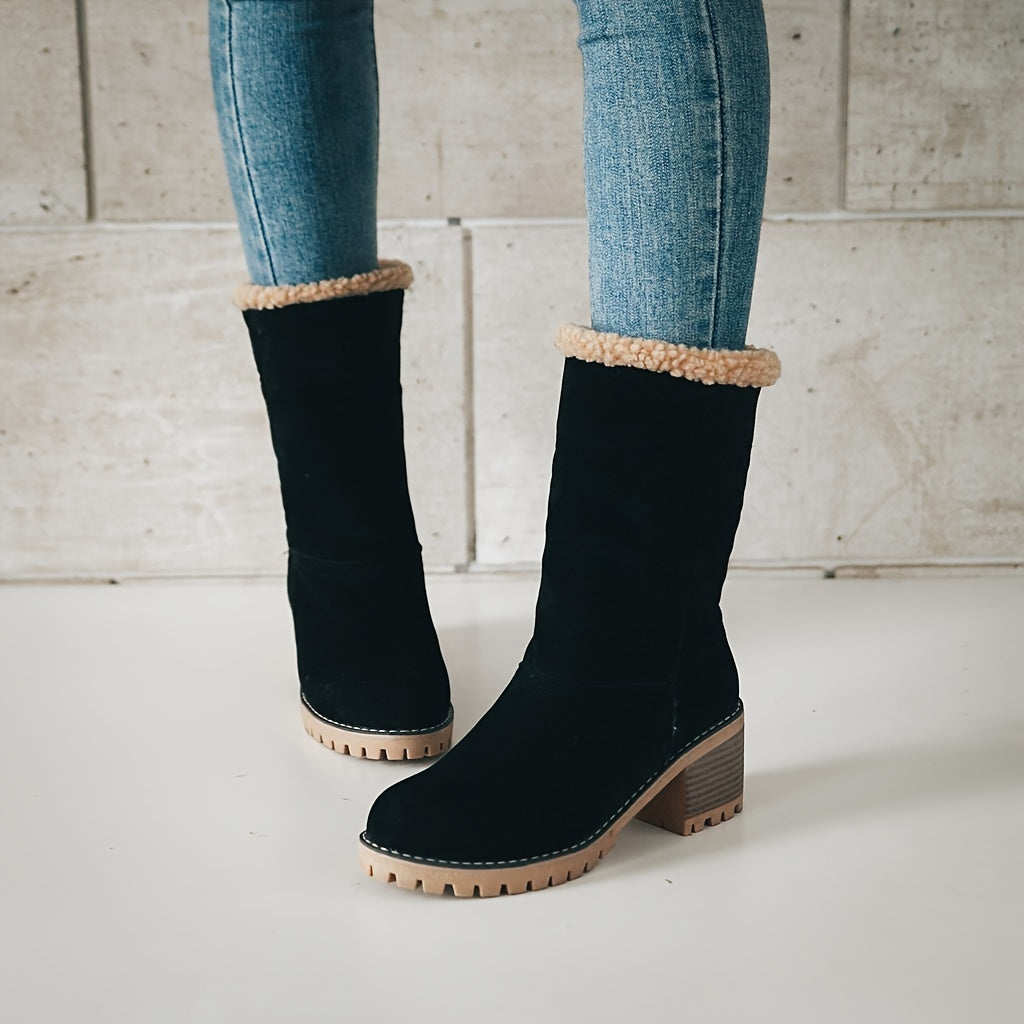 Winterschuhe Damen Stiefel | Knöchelhoch Slip-On mit Blockabsatz