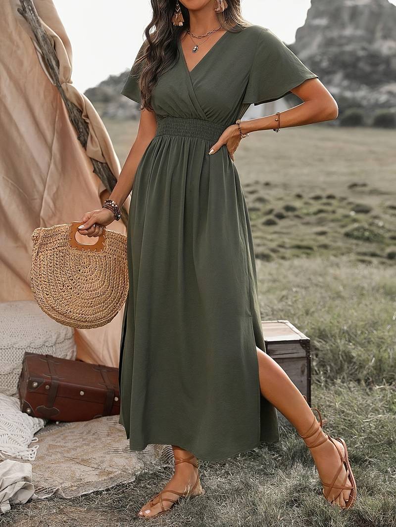 V-Ausschnitt Maxikleid mit Gesmokter Taille für Damen