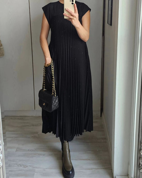 Damen Sommer Kurzen Ärmeln Maxikleid mit Falten