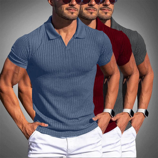 Muskelbetontes V-Ausschnitt Strick-Poloshirt für Herren
