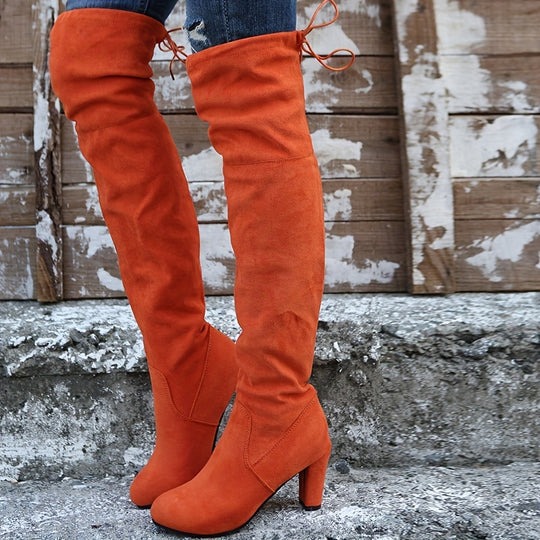 Overknee Stiefel Damen | Slip-On mit Bindung und Blockabsatz