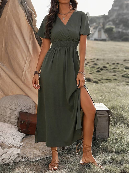 V-Ausschnitt Maxikleid mit Gesmokter Taille für Damen