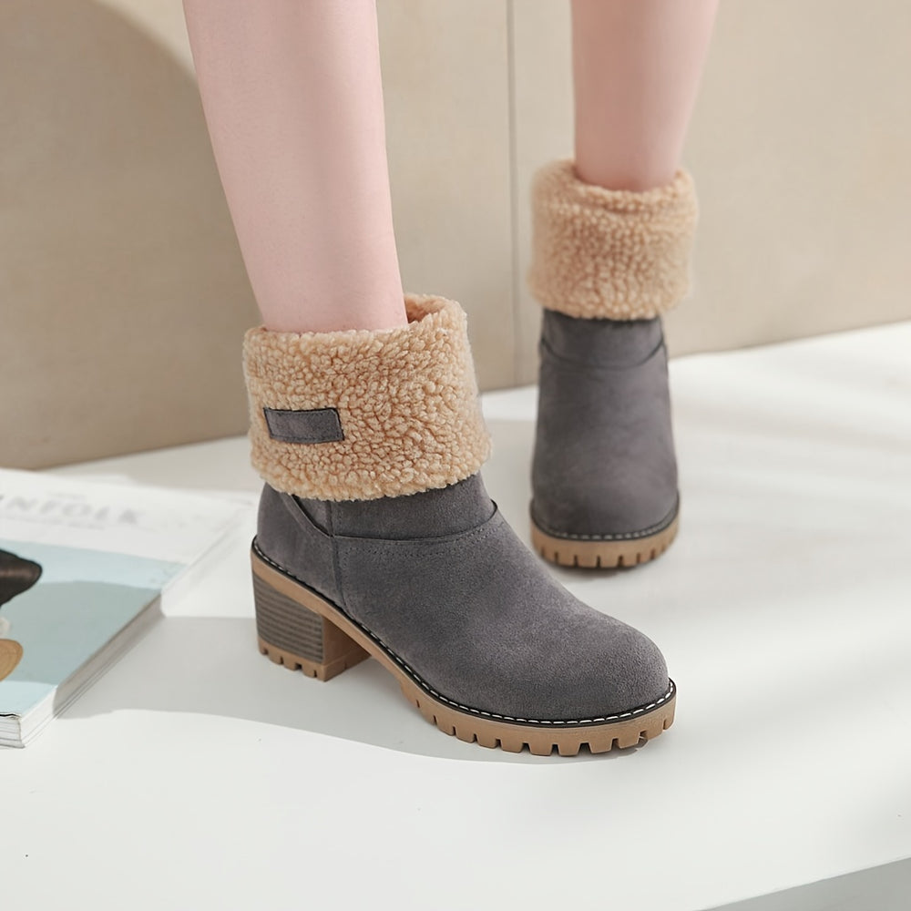 Winterschuhe Damen Stiefel | Knöchelhoch Slip-On mit Blockabsatz