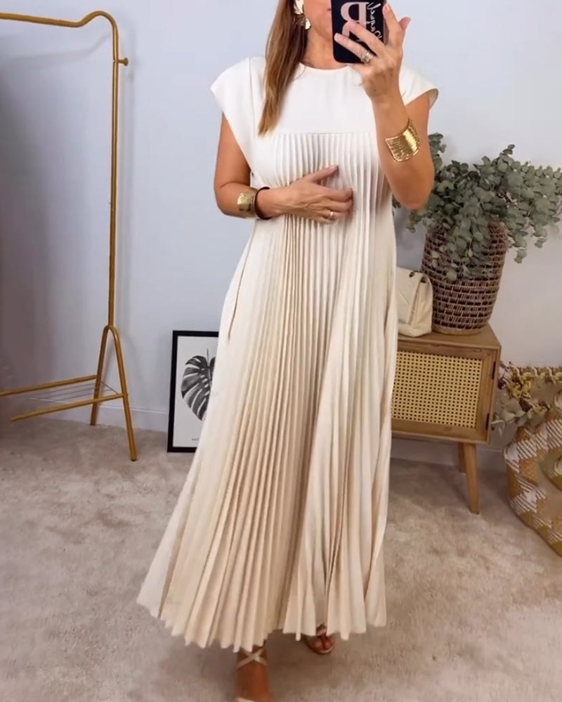 Damen Sommer Kurzen Ärmeln Maxikleid mit Falten
