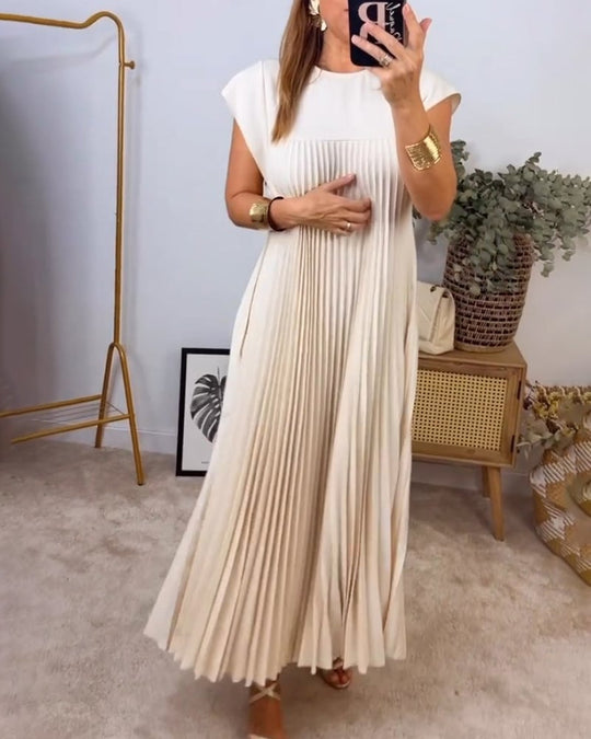 Damen Sommer Kurzen Ärmeln Maxikleid mit Falten