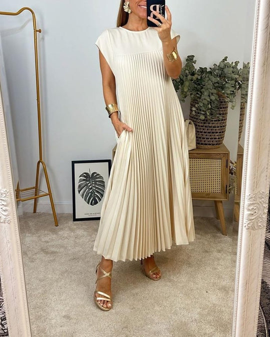 Damen Sommer Kurzen Ärmeln Maxikleid mit Falten