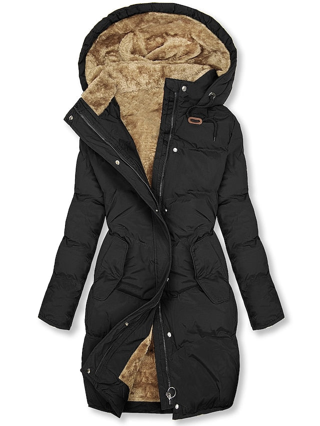 Winterjacke Damen Lang Mit Kapuze | Gefüttert mit Reißverschluss und Knöpfen