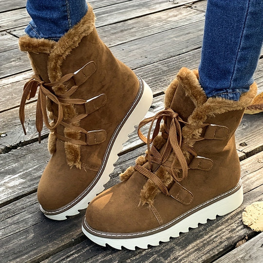 Winterschuhe Damen| Schnürung Mit Runder Kappe Und Plateau Stiefel