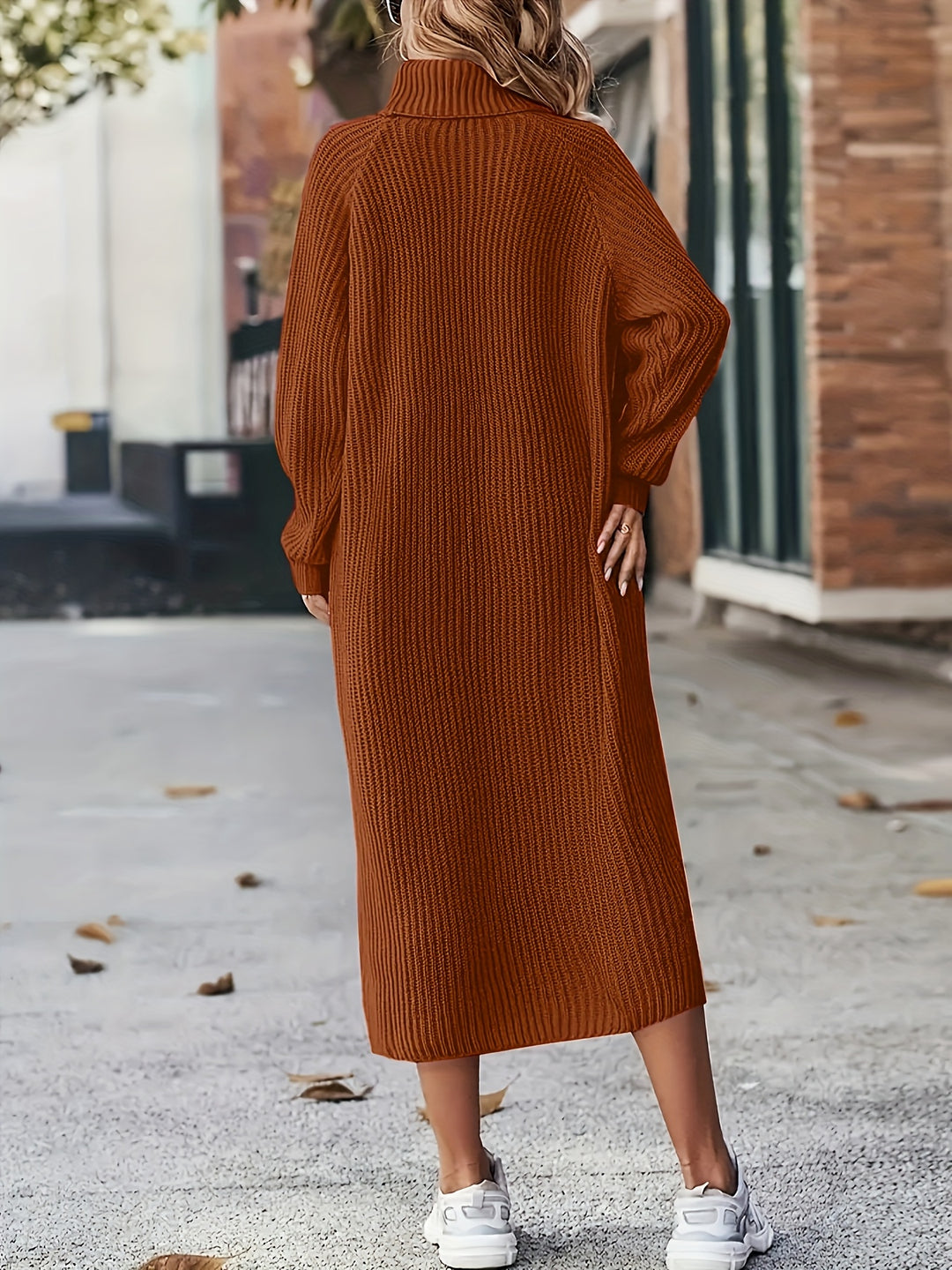 Damen Midi-Strickkleid | Hoher Kragen und Langarm