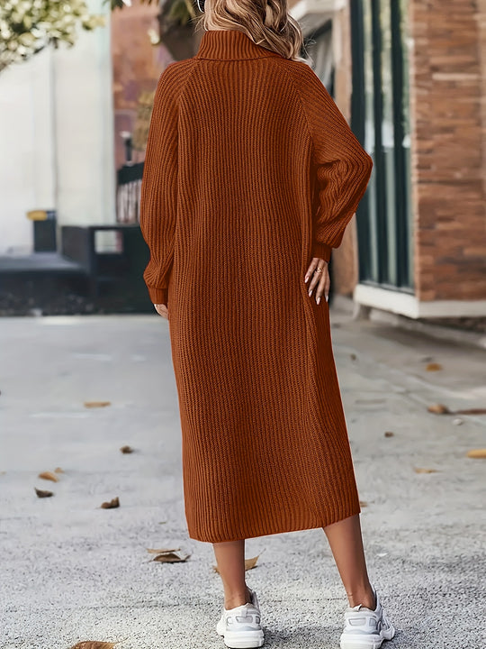 Damen Midi-Strickkleid | Hoher Kragen und Langarm