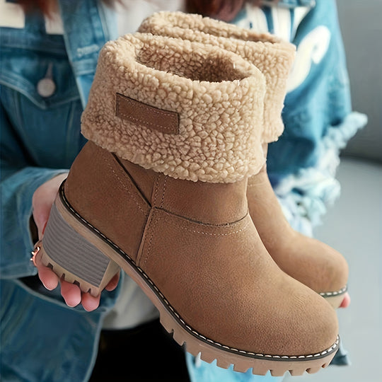 Winterschuhe Damen Stiefel | Knöchelhoch Slip-On mit Blockabsatz