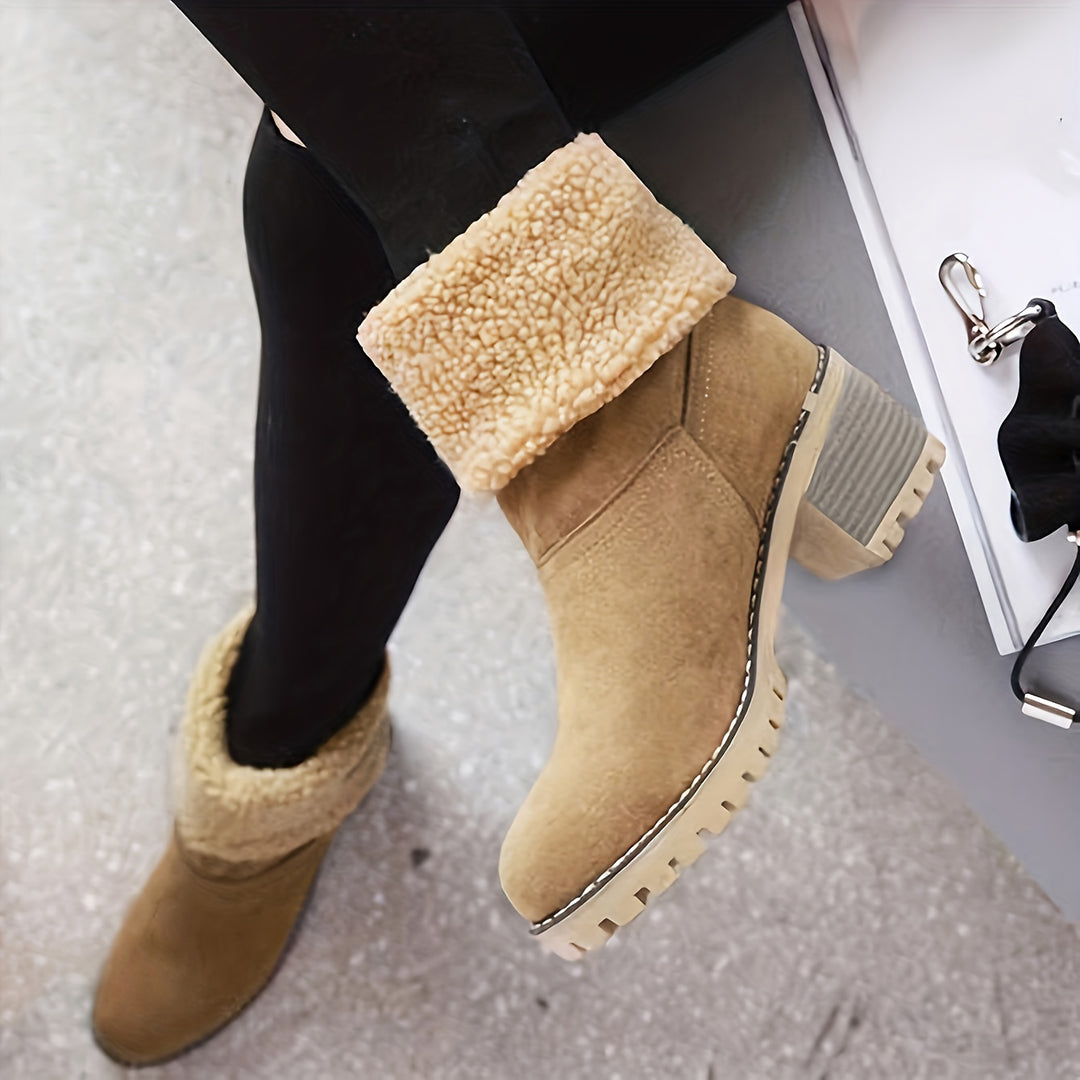 Winterschuhe Damen Stiefel | Knöchelhoch Slip-On mit Blockabsatz