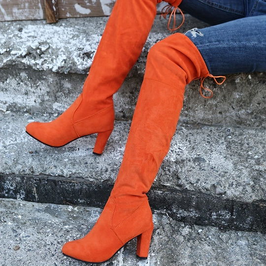 Overknee Stiefel Damen | Slip-On mit Bindung und Blockabsatz