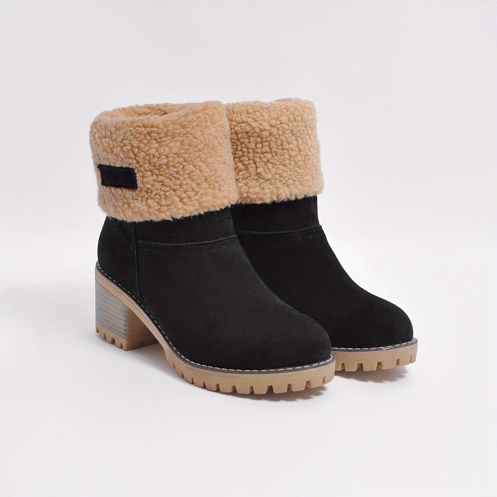 Winterschuhe Damen Stiefel | Knöchelhoch Slip-On mit Blockabsatz