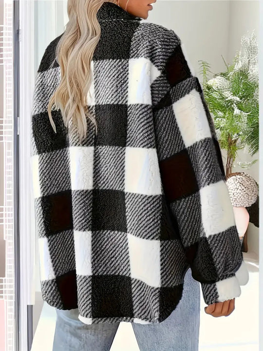 Karierte Fleecejacke für Damen | Knopfleiste vorne mit Taschen