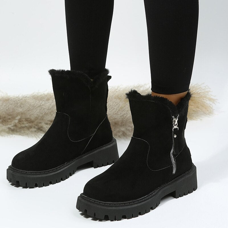 Winterschuhe Damen | Seitlicher Reißverschluss mit Umgeschlagenem Fellrand