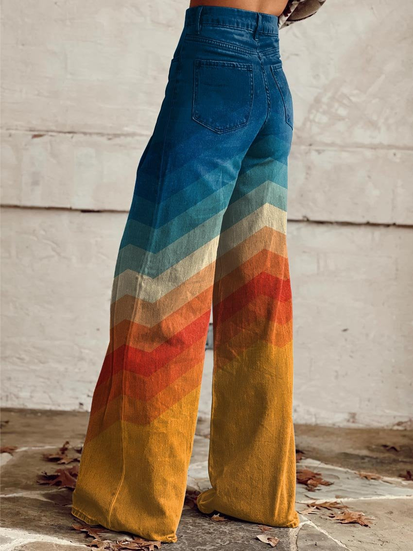 Damen Alle Jahreszeiten Hochtaillierte Denim-Hose mit Mehrfarbigen Streifen