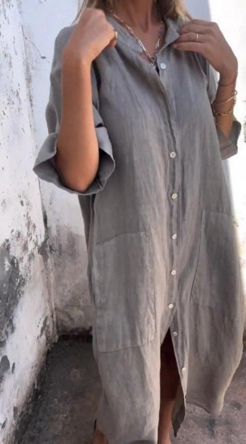 Halblanges Leinen-Sommerkleid mit Knöpfen für Damen