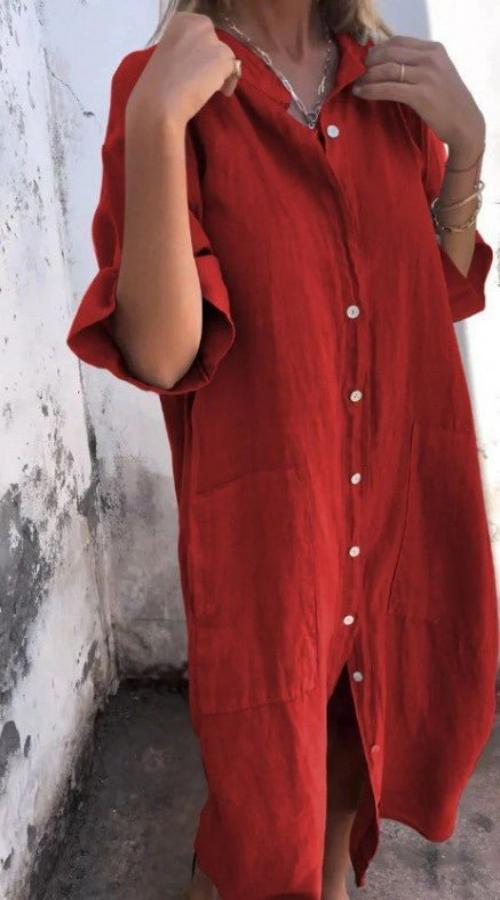 Halblanges Leinen-Sommerkleid mit Knöpfen für Damen