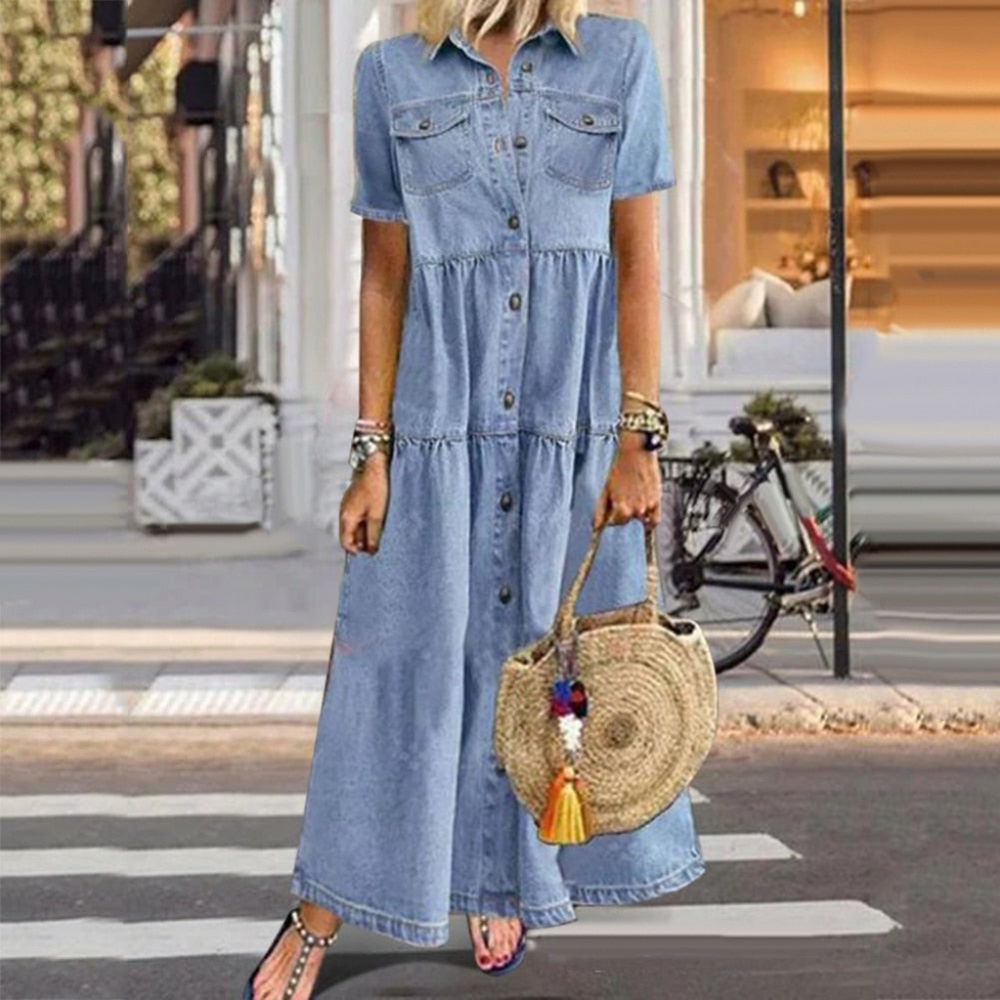 Damen Sommer-Maxi Kleid mit Knöpfen und Kurzen Ärmeln